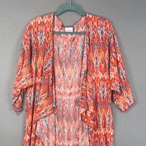 LulaRoe Top Women's Large Orange Blue Geometric Tunic Boho Open Front 3/4 Sleeve